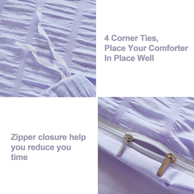 AveLom Lavender Purple Seersucker Duvet Cover Set King (104 x 90 inches), 3 Pieces (1 Duvet Cover + 2 Pillow Cases), Ultra Soft Washed Microfiber, Textured Duvet Cover with Zipper Closure, Corner Ties