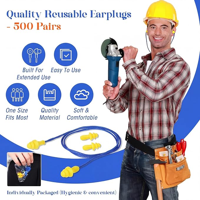 Relaxweex 500 Pairs Corded Ear Plugs Bulk 25dB NRR Reusable Silicone Ear Plug with String Individually Wrapped Earplugs for Sleeping Noise Reduction Hearing Protection Shooting Work (Blue Yellow)