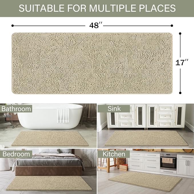 LOCHAS Luxury Bathroom Rug Shaggy Bath Mat 48 x 17 Inch, Beige | Washable Non Slip Bath Rugs for Bathroom Shower, Soft Plush Chenille Absorbent Carpets
