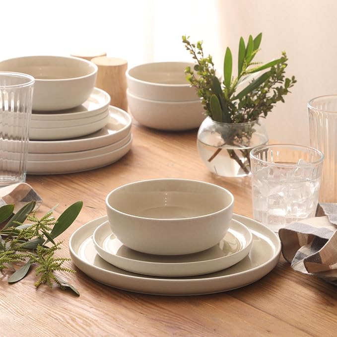 Gibson Elite Tahoe Sunset 12-Piece Reactive Stoneware Dinnerware Set – Matte Exterior & Shiny Interior Plates and Bowls, Durable Everyday Dish Set, Microwave & Dishwasher Safe - Taupe
