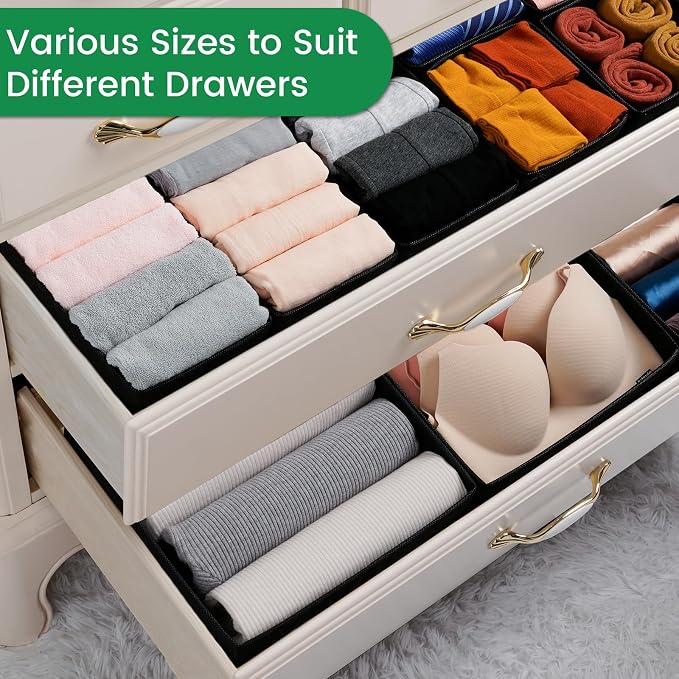 Criusia 16 Pack Underwear Drawer Organizer, Drawer Organizer Clothes, Foldable Cloth Storage Box Closet Dresser Drawer Divider Organizer for Clothes, Scarves (Black)