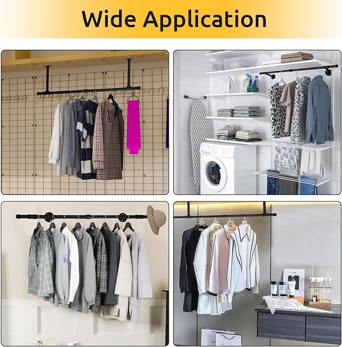 Oroonoko Wall Mounted Clothes Rack, Closet Rod Drying Rack, 36inch, Black | Industrial Pipe Rack, Iron, Max Load 132lbs, For Laundry Room and Balcony, Space Saving, Easy to Install, Plants hanging