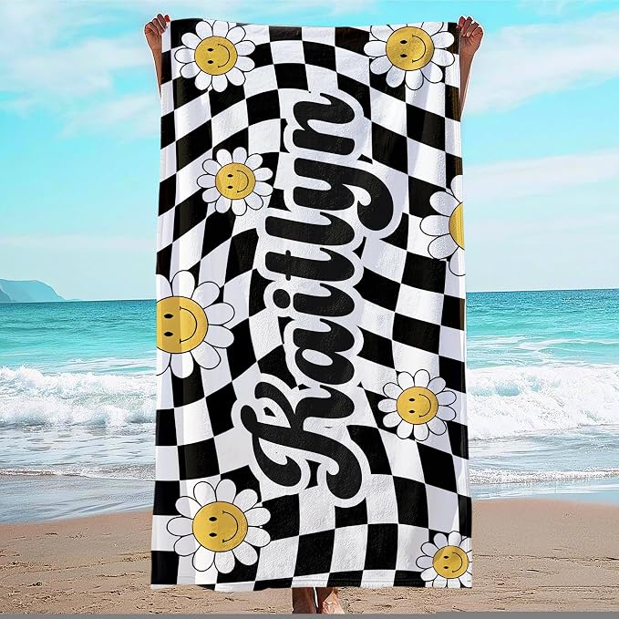 JML Personalized Beach Towel with Name, Custom Flower Beach Towel, Customized Microfiber Pool Towel, Quick Dry & Absorbent Swim Towel for Adult,Mother's Day, Birthday, Summer Holiday,Vacation