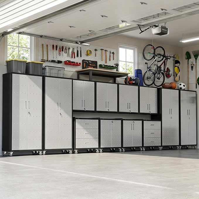 12-Piece Heavy Duty Steel Garage Cabinet System | All-in-One Modular Garage Cabinet Set for Ultimate Workshop Organization | Easy Assembly Garage Storage Cabinets & Tool Bench