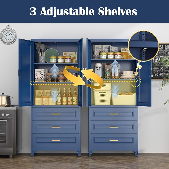 SteeLoong 75" Metal Storage Cabinet with Doors and 2 Adjustable Shelves | Kitchen Pantry Cabinet with 3 Drawers,Blue Kitchen Cabinet with 2 Gold Handles,Food Cupboard for Livingroom,Pantry, Bathroom
