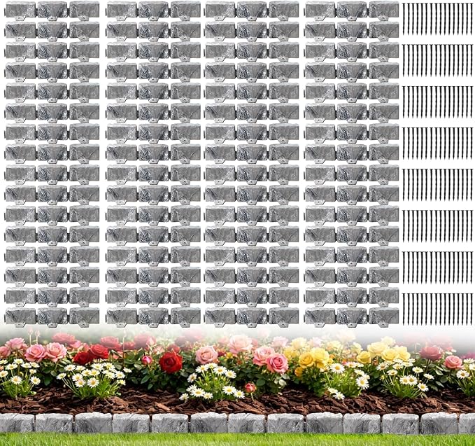 Landscape Edging Garden Edging Border Faux Stone Edging,91FT x 2.75 in Tall | Decorative Stone-Look Garden Border for Flower Bed Edging,Yard Edging,Lawn Trees and Gardens,w/ Anchoring Spikes,Gray
