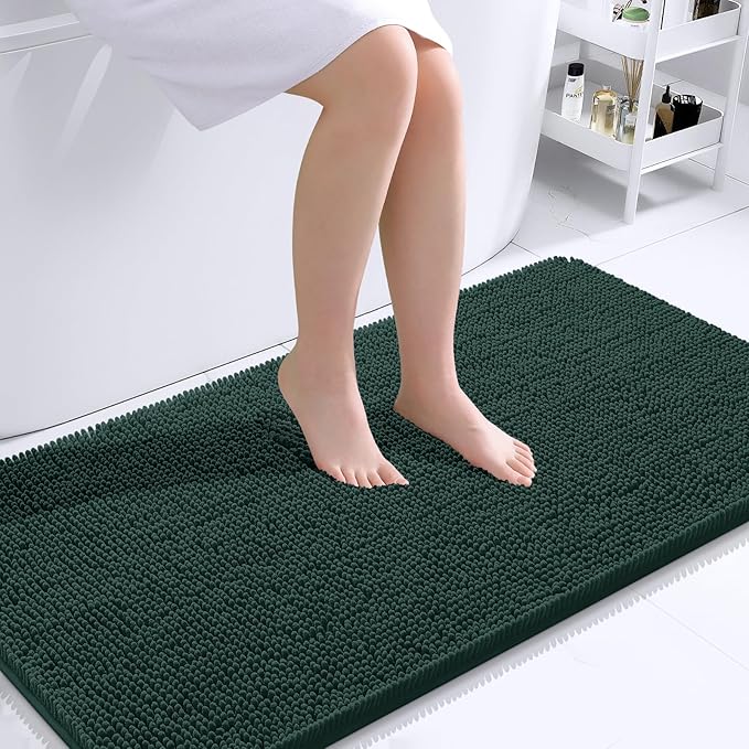 OLANLY Large Bathroom Rugs 40x24, Soft Absorbent Chenille Bath Rugs, Rubber Backing Quick Dry, Machine Washable Bath Mats for Bathroom Floor, Tub and Shower, Home Decor Accessories, Blackish Green