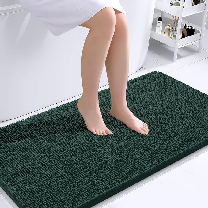 OLANLY Bathroom Runner Rugs 44x24, Soft Absorbent Chenille Bath Rugs, Rubber Backing Quick Dry, Machine Washable Long Bath Mats for Bathroom, Tub and Shower, Home Decor Accessories, Blackish Green