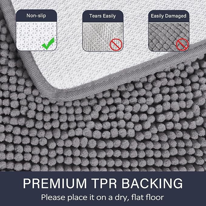 LOCHAS Luxury Bathroom Rug Shaggy Bath Mat 24 x 60 Inch, Gray | Washable Non Slip Bath Rugs for Bathroom Shower, Soft Plush Chenille Absorbent Carpets