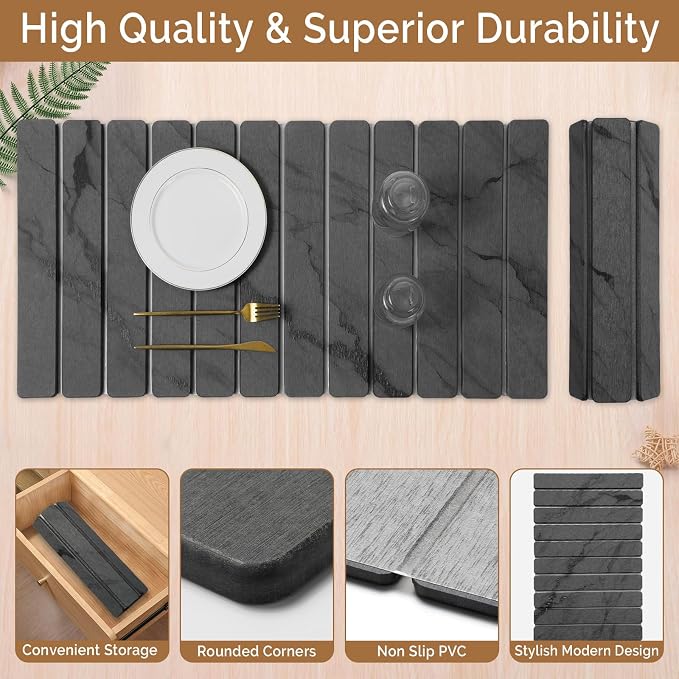 Extra Large Stone Dish Drying Mat for Kitchen Counter, Quick Dry Stone Dishes Mats, Foldable Water Absorbing Diatomaceous Drying Pad for Countertop Bottles Utensils Cups Bathroom(Dark Gray 32"×16"）