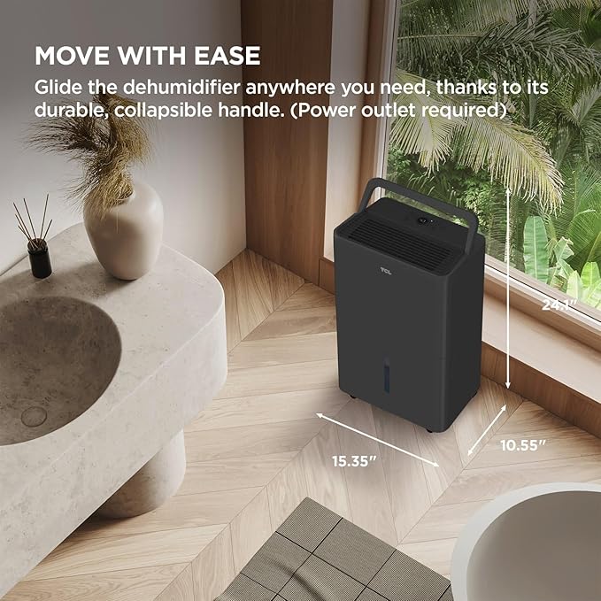 TCL 50-Pint Capacity Quiet, Energy Efficient Portable Smart Dehumidifier with Pump, Bucket or Continuous Drain, Smart Home Compatible, Humidity Control for Home, Apartment, Rooms up to 4500 Sq Ft