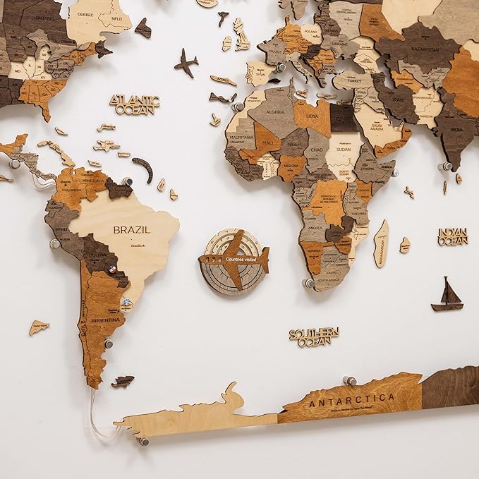 Enjoy The Wood 3D Wooden World Map Wall Art - Large Travel Map with Pins for Art Decor - Decorative Map of the World for Home, Office - Travel Wall Art Housewarming Gift Idea (Travel Tracker, Pins, Unframed)