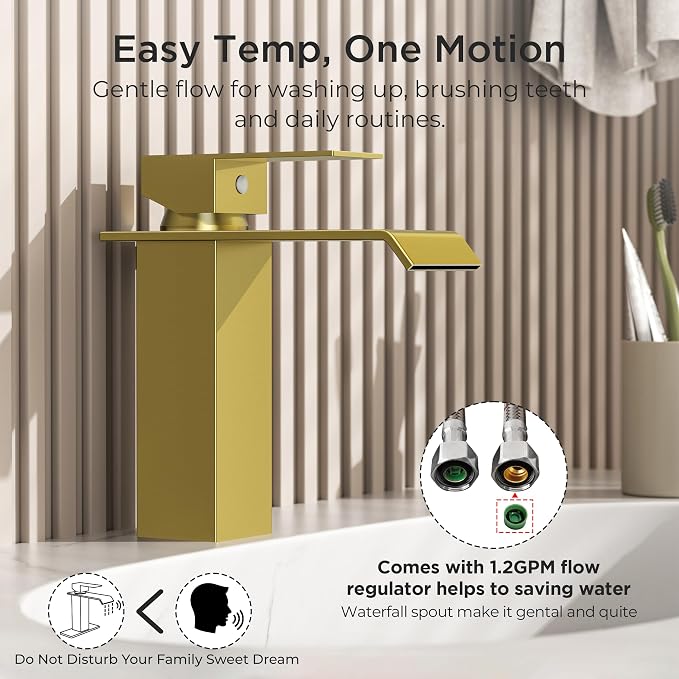 FORIOUS Gold Bathroom Faucet, Modern Waterfall Bathroom Sink Faucets 1 or 3 Hole Single Handle with Deck Plate and Drain, Suitable for Vanity Rv Camper Commerical