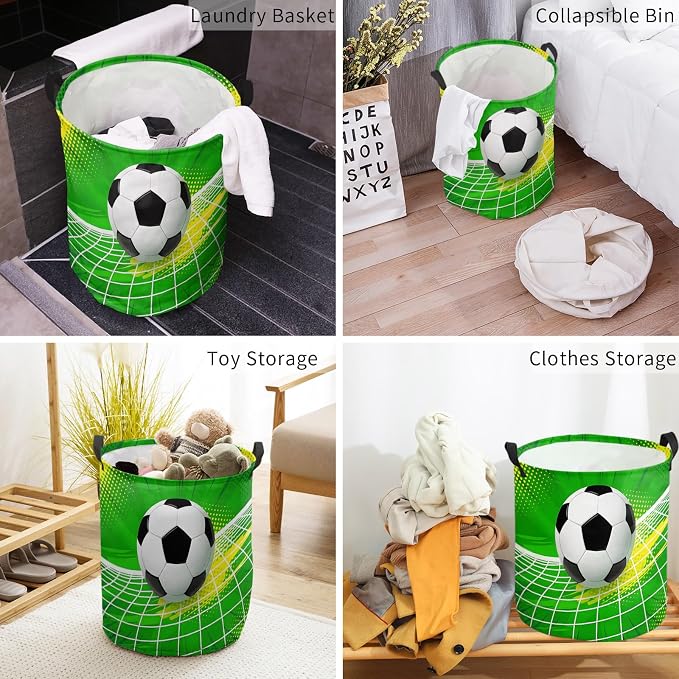 Collapsible Laundry Basket 60L, Green Football Storage Bin Laundry Hamper with Handles, Soccer Ball Goal Net Vibrant Waterproof Clothes Baskets for Bathroom/Bedroom 16.5 x 17 In
