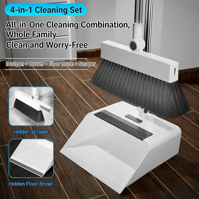 4-in-1 Broom and Dustpan Set with Floor Scrubber & Squeegee, 180° Rotatable Head, Self-Cleaning Teeth, Non-Stick Hair, Foldable Storage, Heavy Duty Cleaning Kit for Home Kitchen Office (Gray)