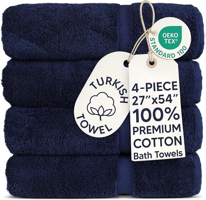 Chakir Turkish Linens 4 Piece Large Bath Towels, 100% Cotton Turkish Towels for Bathroom, Luxury Soft Absorbent Bath Towel Set, 27 x 54 Inches, Navy