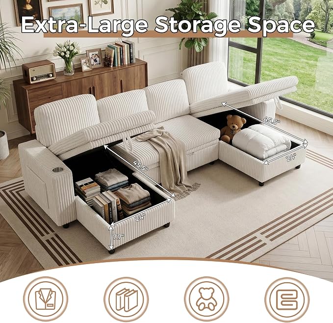 U-Shaped Couch with Pull Out Bed, Sectional Sleeper Sofa, White | Hidden Storage, USB & Type-C Port, Cup Holders, Cloud Corduroy, Modular Design for Living Room, Apartment, Easy Assembly