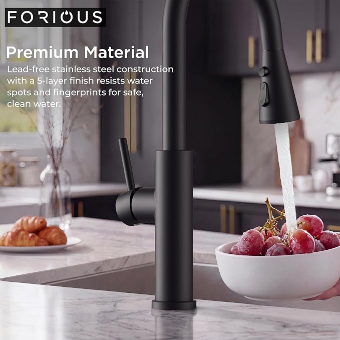 FORIOUS Black Kitchen Faucet with Pull Down Sprayer, High Arc Single Handle | Stainless Steel Single Lever Kitchen Sink Faucet 1 or 3 Hole, Suitable for Farmhouse, Camper, Laundry Room, Rv, Outdoor