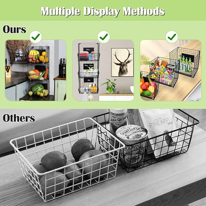 X-cosrack Metal Wire Basket Wall Mount, 3 Tier Wall Storage Basket Organizer with Hanging Hooks Chalkboards, Rustic Kitchen Fruit Produce Bin Rack Bathroom Tower Baskets (Black)