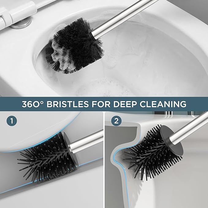 FORIOUS Toilet Brush and Holder Set, SUS304 Stainless Steel Square Base, Extended Long Handle, Drip-Proof & Space Saving, 2 Replaceable Brush Heads, Plastic & Silicone Dual Brush Head, Brushed Nickel