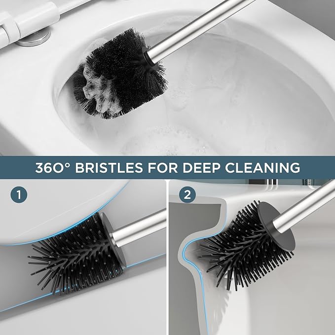 FORIOUS Short Toilet Brush and Holder Set, Heavy Duty 304 Stainless Steel Base Square and Long Handle for Bathroom Deep Cleaning, Space Saving for Storage, 2 Toilet Bowl Brush Head, Brushed Nickel
