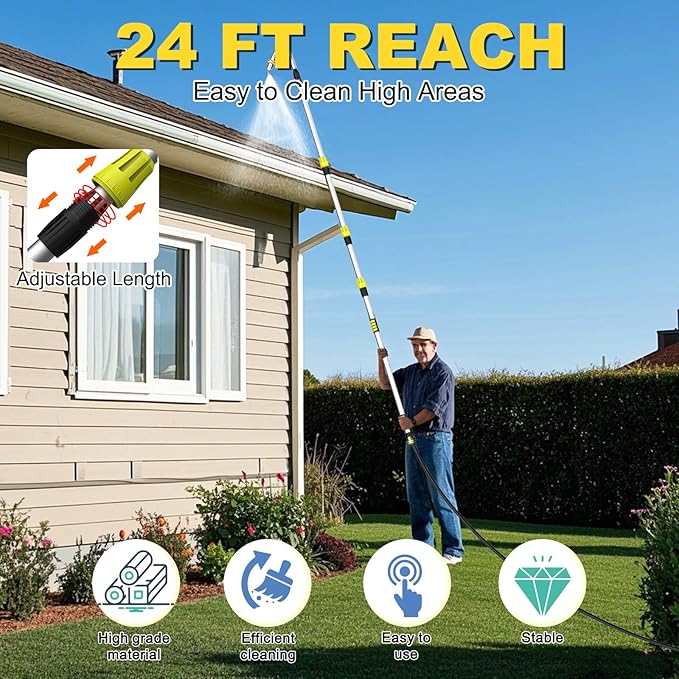 Buyplus 16FT(24FT Reach) Telescopic Gutter Cleaning Tools from The Ground, Rain Gutter Cleaners Tool with 360°Rotatable Metal Nozzle, Extension Pole, Hose Attachment, Watering Wand for Garden Hose