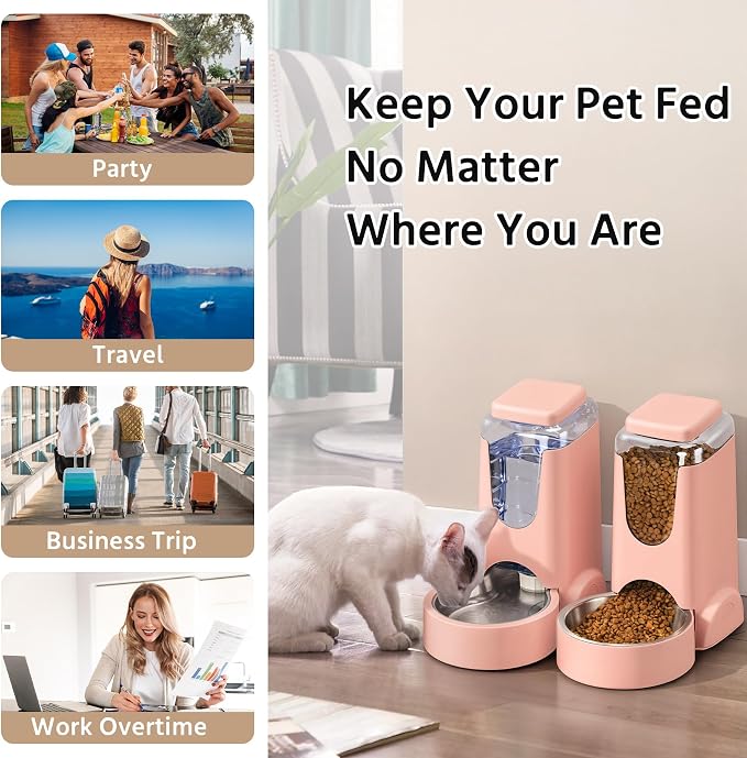 WyfKyd Auto Cat Feeder and Dog Water Dispenser with Stainless Steel Bowl | 2 Pack Auto Cat Feeder and Dog Waterer Gravity Stainless Steel Water Dispenser Set for Medium Puppy Kitten Pets 1Gal Pink