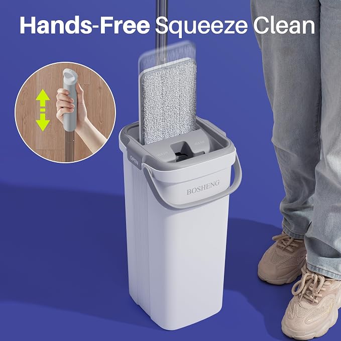 BOSHENG Mop and Bucket Set, Flat Mops for Floor Cleaning, Wall Mop with 60" Extensible Handle, Hardwood Floor Mop with 4 Microfiber Pads