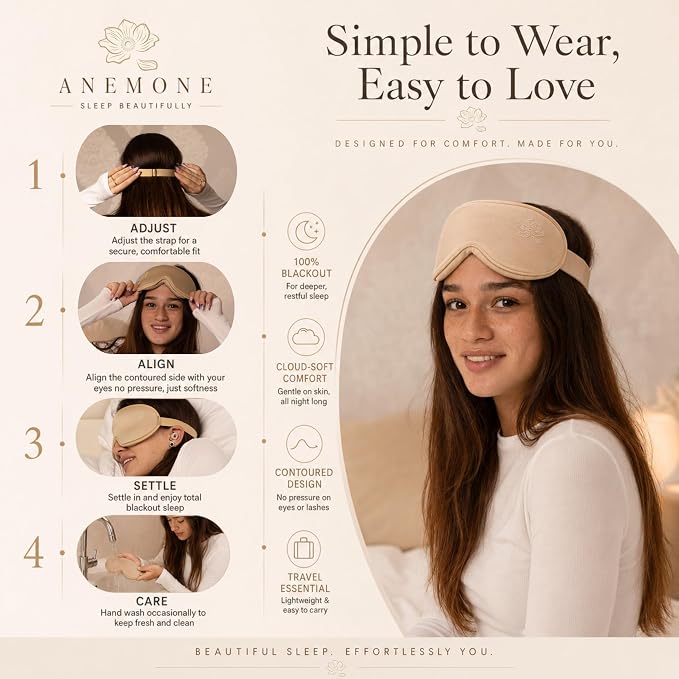 Anemone Contour Sleeping Mask for Women – Softer Than Silk Eye Masks for Sleep, Complete Blackout, Zero Eye Pressure Fit, Lightweight, Eye Care, Travel Essentials Included