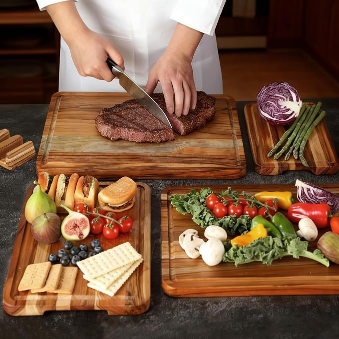 4 Pack Teak Cutting Board Wood Wooden Cutting Boards For Kitchen | Set of 4, Premium Solid Thick, FSC Certified Teak Wood, Natural Non-toxic, Anti-slip Feet, Ideal Gift Ideal Gift