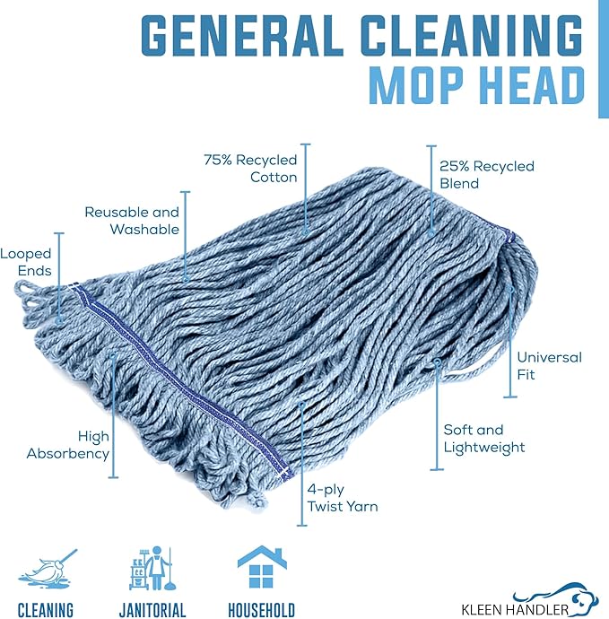 KLEEN HANDLER General Cleaning Mop Heavy Duty Commercial Replacement, Wet Industrial Blue Cotton Looped End String Head Refill, 3 Count (Pack of 8)