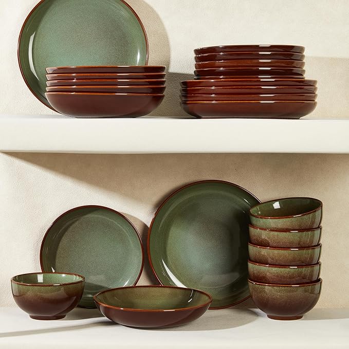 Pokini 24 Piece Double Bowl Dinnerware Sets with Pasta Bowls, Highly Chip and Crack Resistant Plates and Bowls Sets, Natural Earthyware Ceramic Dishware Sets, Service for 6 Brown Green