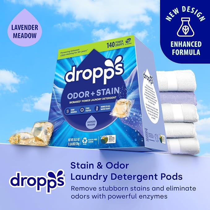 Dropps Odor & Stain Laundry Detergent Pods, Lavender Meadow (140 Count) - Powerful Laundry Pods | Complete Clean Laundry Soap | Fights Odors & Stains | Clean Ingredients | Plastic Free Packaging