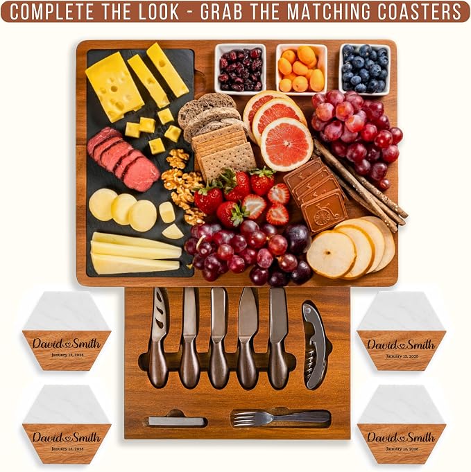 Personalized Acacia Wood Charcuterie Board Set with Stainless Steel Knives – Custom Cheese Board for Wedding, Anniversary, New Mom, Engagement, Housewarming, Bridal Shower, Women, Mother’s Day Gifts