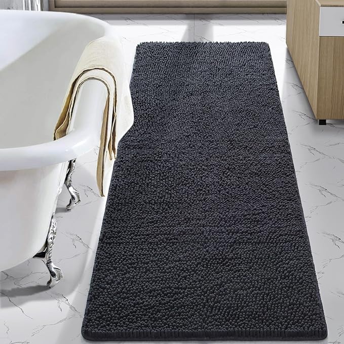 LOCHAS Luxury Bathroom Rug Shaggy Bath Mat 24 x 70 Inch, Dark Grey | Washable Non Slip Bath Rugs for Bathroom Shower, Soft Plush Chenille Absorbent Carpets