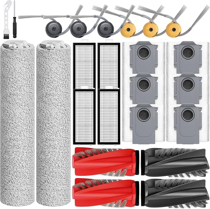 Qrevo Curv 2 Flow Replacement Accessories for Roborock Qrevo Curv 2 Flow Robot Vacuum Cleaner,4 Main Brush,2 Roller Mop Cloth, 4 HEPA Filter,6 Side Brush,6 Dust Bag,24pack