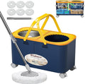 Compact Spin Mop and Bucket with Clean & Dirty Water System, Floor Mop with 360° Swivel Wheels, 61" Handle, 6 Reusable Mop Heads for for Wood, Tile, Vinyl, Baseboards- Blue/Yellow