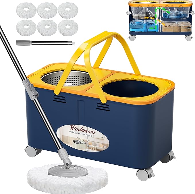 Compact Spin Mop and Bucket with Clean & Dirty Water System, Floor Mop with 360° Swivel Wheels, 61" Handle, 6 Reusable Mop Heads for for Wood, Tile, Vinyl, Baseboards- Blue/Yellow