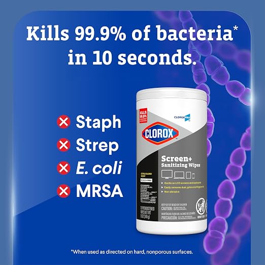 CloroxPro Clorox Screen+ Sanitizing Wipes, Disinfecting Wipes for Electronics, Gentle on Phones, Tablets, LCD Screens, Laptops and Sensitive Surfaces, Citrus Blend Scent, 1 Canister, 75 Wipes, 6 Pack