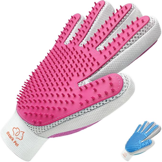 Pet Grooming Glove, 2 in 1 Glove with De-shedding and Hair Remover for Cat & Dog, No More Shedding and Flying Hairs (Pink, Right Hand)