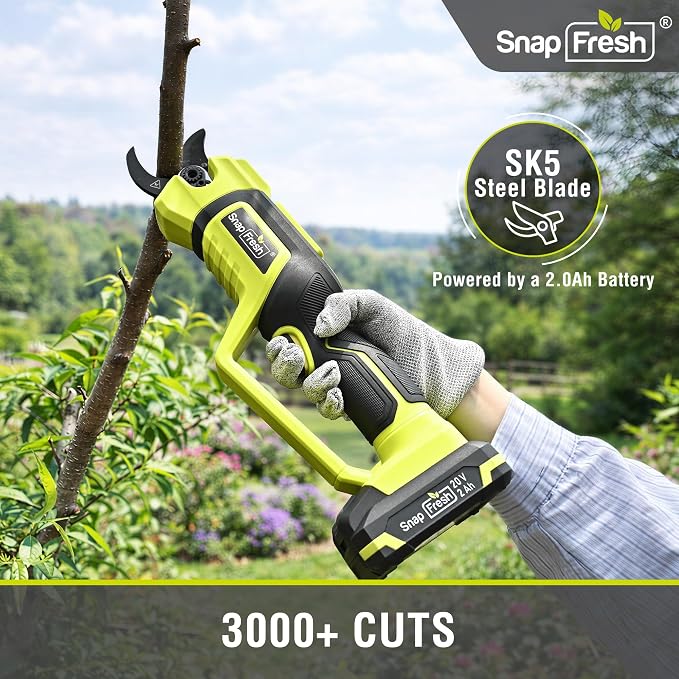 SnapFresh 20V Brushless Electric Pruning Shears, 1.6" Cordless Heavy Duty Tree Pruner with Smart Display & LED Light, 2.0Ah Battery & Fast Charger Included, SK5 Blade Branch Cutter