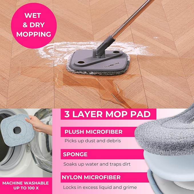 Heavy Duty Square Spin Mop for Floor Cleaning, Machine Washable Pads