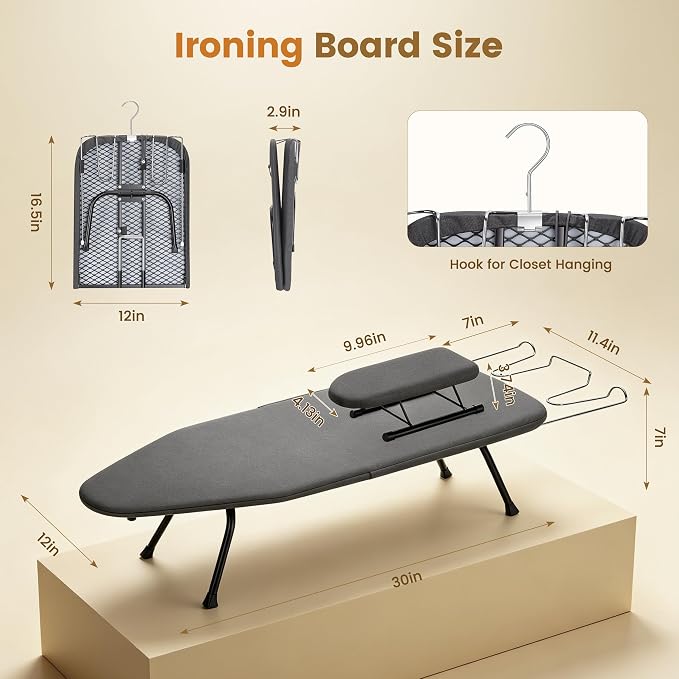 Tabletop Ironing Board Set with Mini Sleeve Boards, Foldable Ironing Board with Iron Rest, Portable Small Iron Boards with Heat Resistant Cover, Compact for Dorm, Travel, Home, 95x31x16 cm