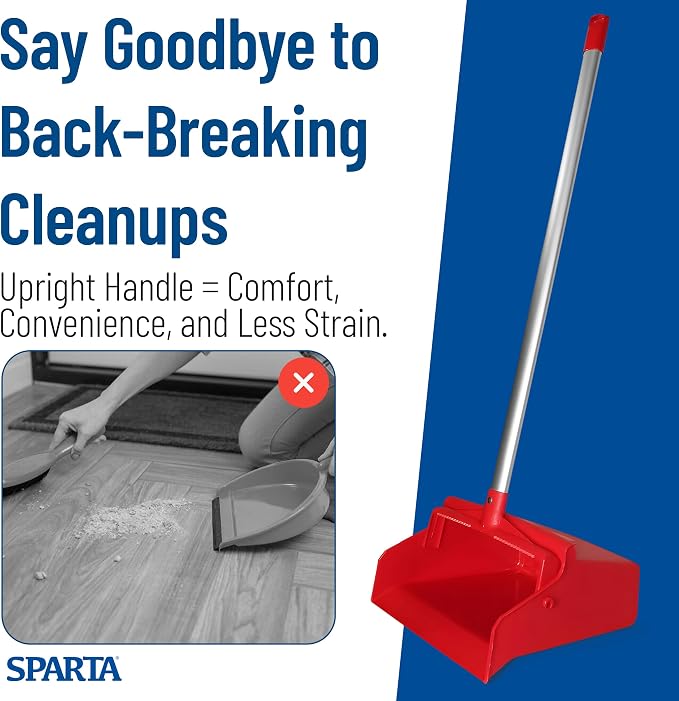 SPARTA Color Coded Upright Dustpan with 30 Inch Aluminum Handle, Serrated Edge and Locking Yoke, Standing Commercial Floor Dust Pan, Red