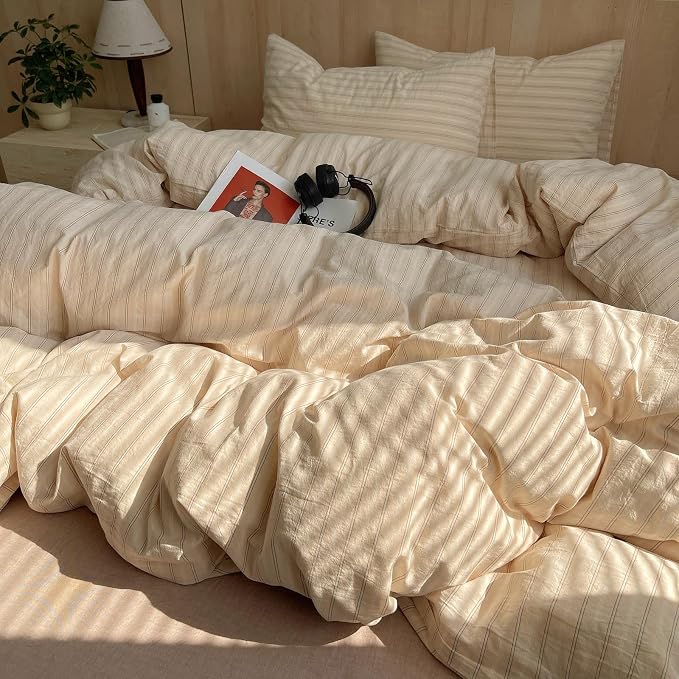 mixinni Retro Striped Duvet Cover Set King Size - 100% Washed Cotton Beige Duvet Cover with Black White Stripes, Soft Breathable 3 Piece Comforter Cover with Zipper Closure & Corner Ties