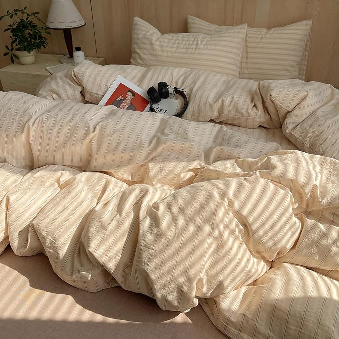 mixinni Retro Striped Duvet Cover Set Twin XL Size - 100% Washed Cotton Beige Duvet Cover with Black White Stripes, Soft Breathable 3 Piece Comforter Cover with Zipper Closure & Corner Ties