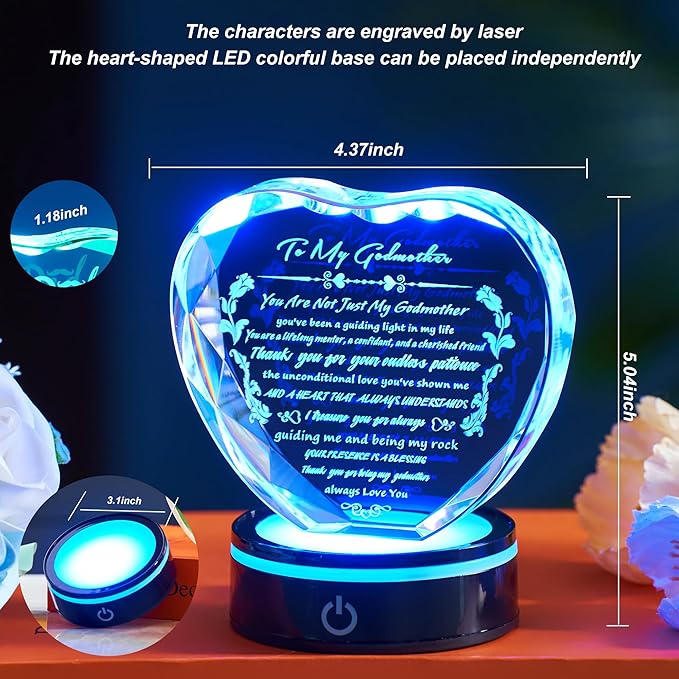 Gifts for Godmother with Colorful LED Base Heart Crystal Plaque Godmother Gift Idea from Goddaughter Godson for Mothers Day, Christmas, Birthday, Thanksgiving,Retirement