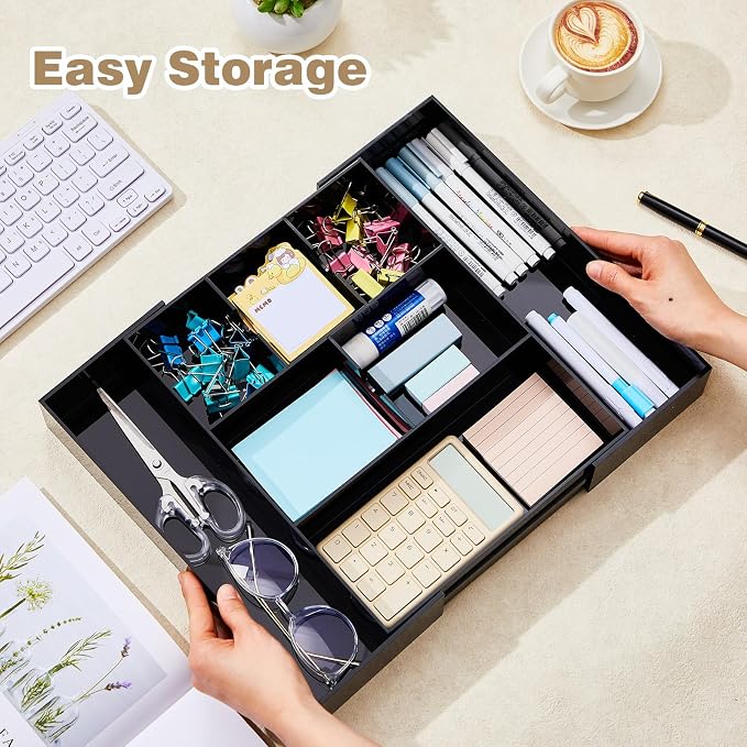 Briwooody 1 Pcs Acrylic Vanity Organizer 9'' up to 18'' x 12'' x 2.1'' Expandable Makeup Organizer Trays with 8 Adjustable Compartments Black Desk Accessories for Beauty, Kitchen, Office, Bathroom