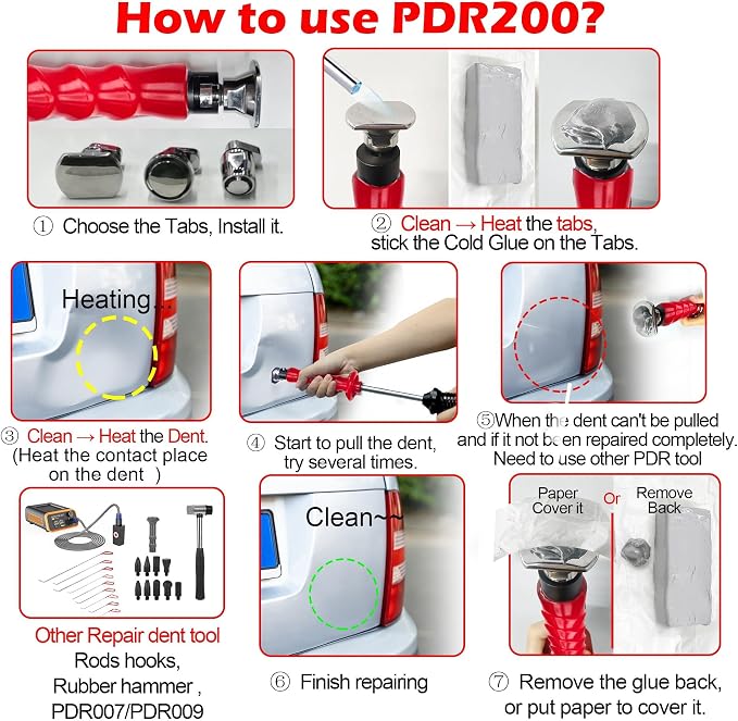 WOYO PDR200 PDR Slide Hammer Dent Puller with Cold Glue & 3pcs Stainless Steels Tabs & Long Tabs Adapter & 2pcs Handle Cover, Car Dent Removal Tool Automotive Repair Dent Kits