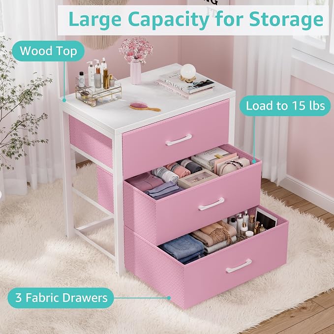 BOLUO Closet Drawers Pink 3 Drawer Dresser for Closet Organizers and Storage Bedroom Dorm Modern
